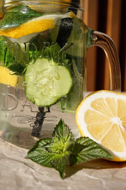 Fresh slices of lemon and cucumber in a mason jar with mint leaves, perfect for a summer refreshment.
